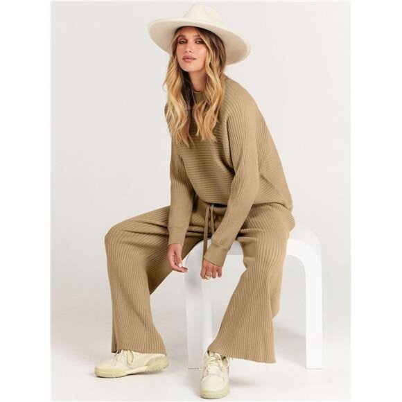 Women's Two Piece Outfit Crop Top Wide Leg Pants Cozy Knit Sweater Set - Picture 6 of 7